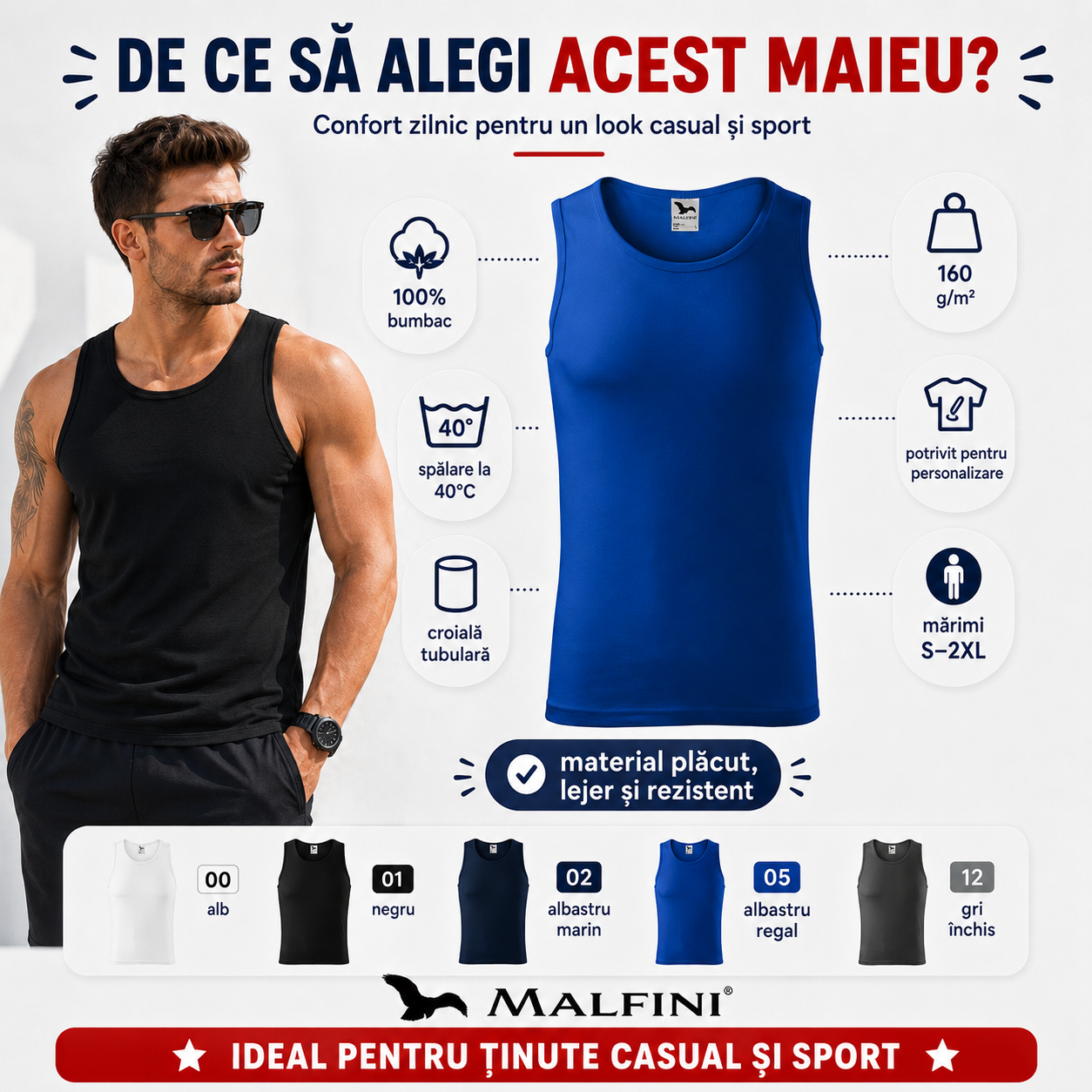 Maiou bărbat Malfini Core 142, 100% bumbac, 160 g/m&sup2;, specificații esențiale
